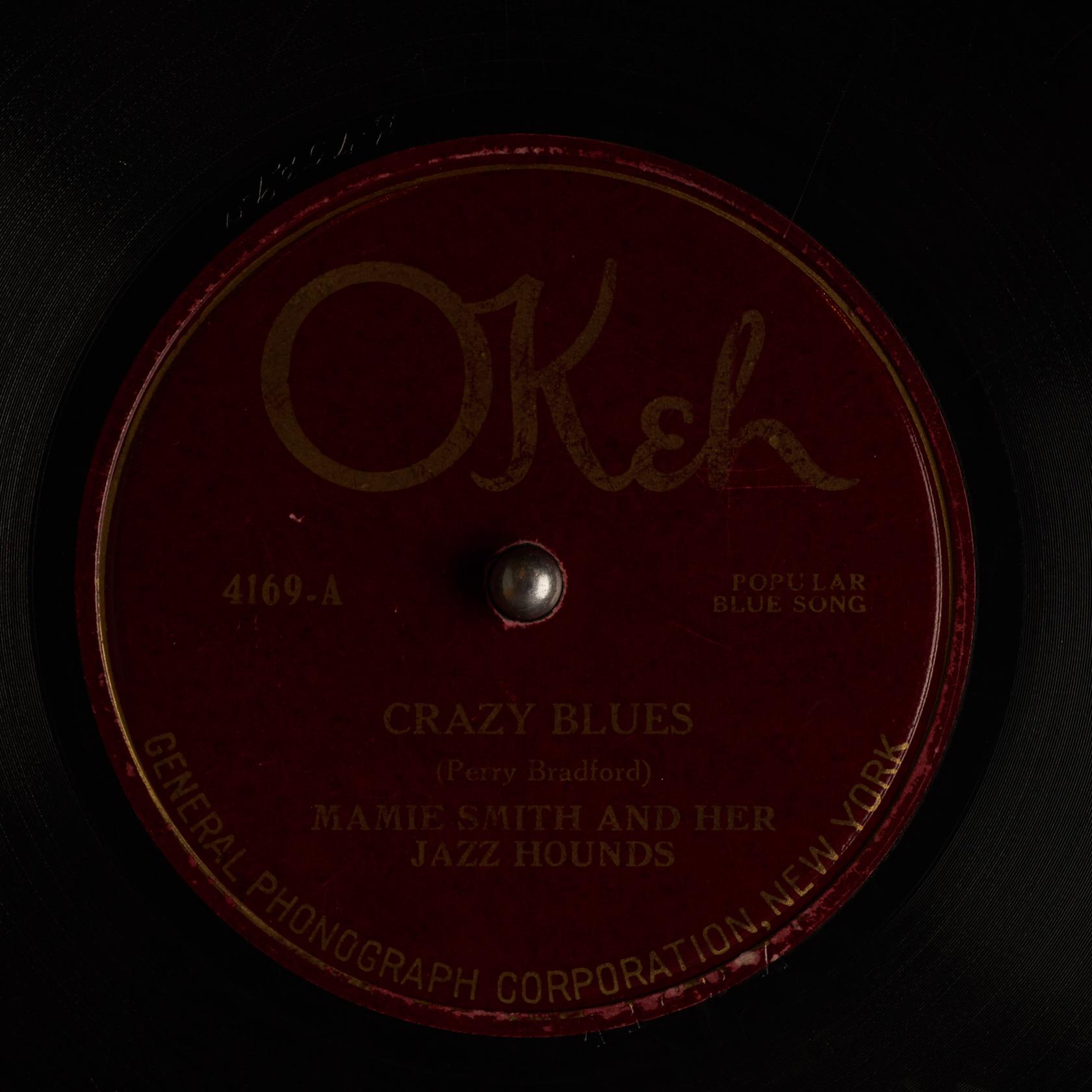 A scan of the label of the first issue of Crazy Blues by Mamie Smith on Okeh Records